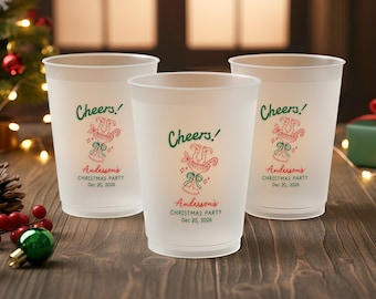 May include: Three frosted plastic cups with a Christmas party design. Each cup has the word "Cheers!" in green, a red and green graphic, and the text "Anderson's CHRISTMAS PARTY Dec 20, 2026."