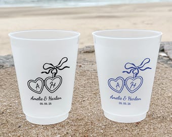 Custom Frosted Wedding Cups, Heart Monogram, Engagement Party Drinkware