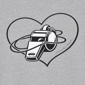 May include: A black and white illustration of a whistle inside a heart shape on a gray background. The text "Warn thy Neighbor" is written in a script font on the lower right side of the heart.