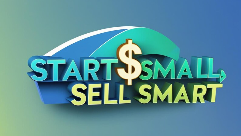 Puede incluir: Gr&aacute;fico 3D con el texto "START SMALL SELL SMART" en azul y verde, con un s&iacute;mbolo de d&oacute;lar dorado. El dise&ntilde;o se presenta sobre un fondo degradado azul y verde, ideal para temas de negocios o finanzas.