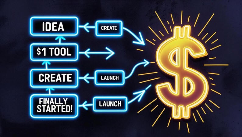 Puede incluir: Gr&aacute;fico con fondo oscuro y cuadros de texto azul ne&oacute;n. Los cuadros de texto dicen "IDEA", "$1 TOOL", "CREATE" y "FINALLY STARTED!". Flechas conectan los cuadros a los cuadros "CREATE" y "LAUNCH", que conducen a un signo de d&oacute;lar dorado brillante.