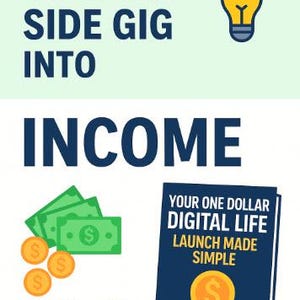 Puede incluir: Gr&aacute;fico promocional con el texto &laquo;CONVIERTE TU TRABAJO PARALELO EN INGRESOS&raquo;. Incluye ilustraciones de dinero, monedas y un libro titulado &laquo;YOUR ONE DOLLAR DIGITAL LIFE LAUNCH MADE SIMPLE&raquo;.