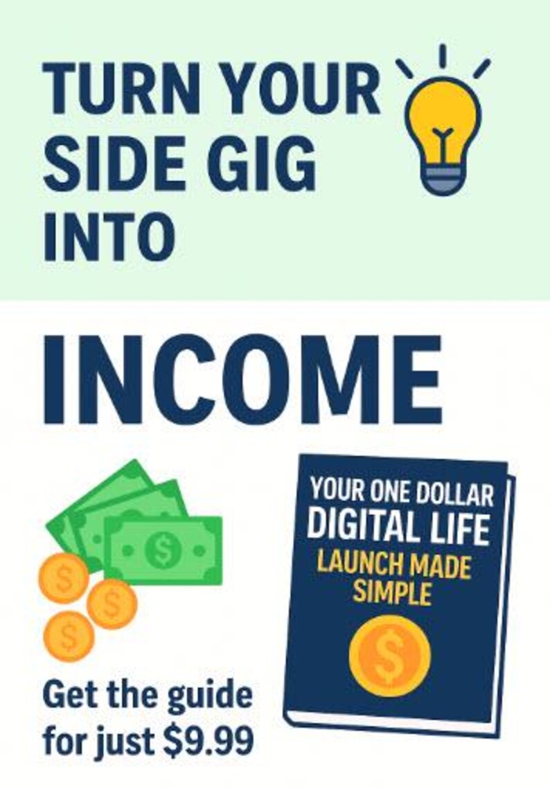Puede incluir: Gr&aacute;fico promocional con el texto &laquo;CONVIERTE TU TRABAJO PARALELO EN INGRESOS&raquo;. Incluye ilustraciones de dinero, monedas y un libro titulado &laquo;YOUR ONE DOLLAR DIGITAL LIFE LAUNCH MADE SIMPLE&raquo;.