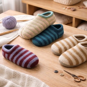 May include: A collection of handmade knitted slippers in various colors, including striped patterns of pink and green, blue, and brown. The slippers are arranged on a wooden surface, with knitting supplies and a basket in the background.