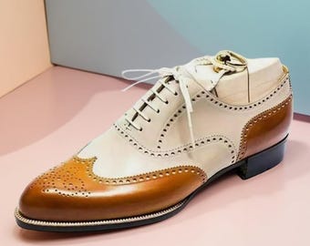 Handmade Leather Oxford Wingtip Brogue Shoes: Brown & Cream  display picture 1