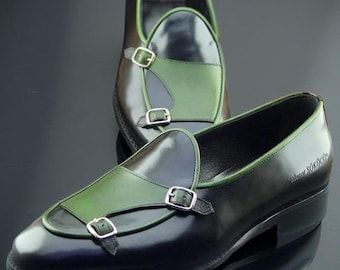 Handmade tone leather shoes, double monk dress moccasin, formal shoe men
