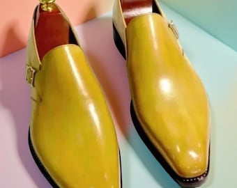 Handmade Men&#39;s Yellow Monk Leather Comfortable Customize For Wedding