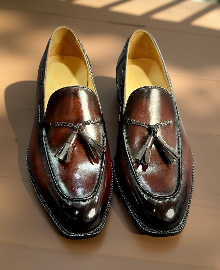 Handmade Moccasins Brown Tassels Shoes, Leather Men Slip ons Loafer Office Shoes