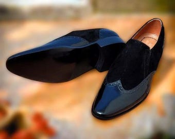 Handmade men black patent shoes, men suede leather dress shoes, formal shoes men