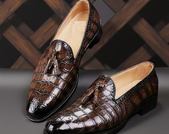 Men&#39;s Handmade Brown Alligator Print Leather Shoes Loafers Formal Casual Boot