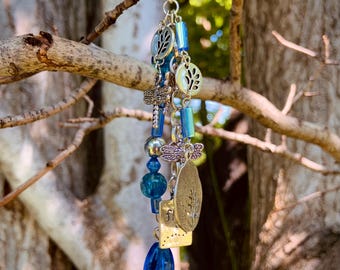 Bag Charm, Key Chain, Purse Chain Accessory, zipper charms, green/blue, Bronze/silver