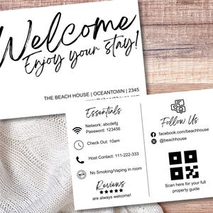 Airbnb-welkomstkaart voor gasten, bewerkbare Airbnb-hostsjabloon, Airbnb QR-welkomstbord, verhuuraccommodatie afdrukbaar, welkomstkaart voor gasten