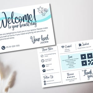 Cartão de boas-vindas para hóspedes em casa de praia do Airbnb, modelo editável para anfitrião do Airbnb, placa de boas-vindas com QR Code do Airbnb, modelo para impressão, cartão de boas-vindas para hóspedes