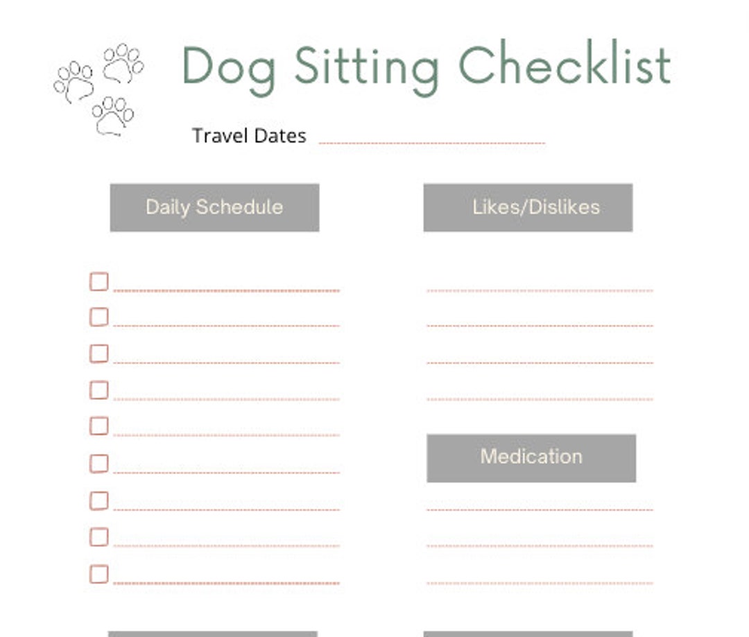 Customizable Dog Sitting Checklist, Printable Dog Sitting Checklist