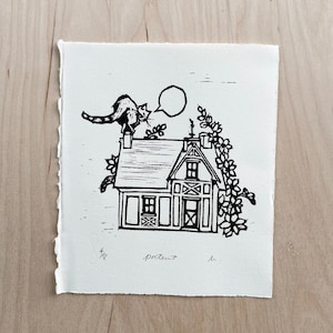 Portent - Arte originale del gatto - Stampa a blocchi d&#39;arte con taglio in linoleum stampato a mano