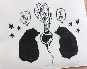 Beets, Bears - Original Art - Hand Printed Office Fanart Linoleum Block Print