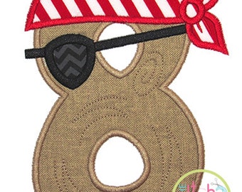 Pirate Number Applique Set 4.", 5.", 6.", 7" & 8", shown with our "Tightrope" Font NOT Included, INSTANT DOWNLOAD now available