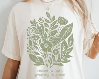 Vintage-style Linocut Flower Tshirt, Christian Floral Boho T-shirt, Rooted in Faith Comfort Colors Shirt, Grow in Grace Messianic Tee
