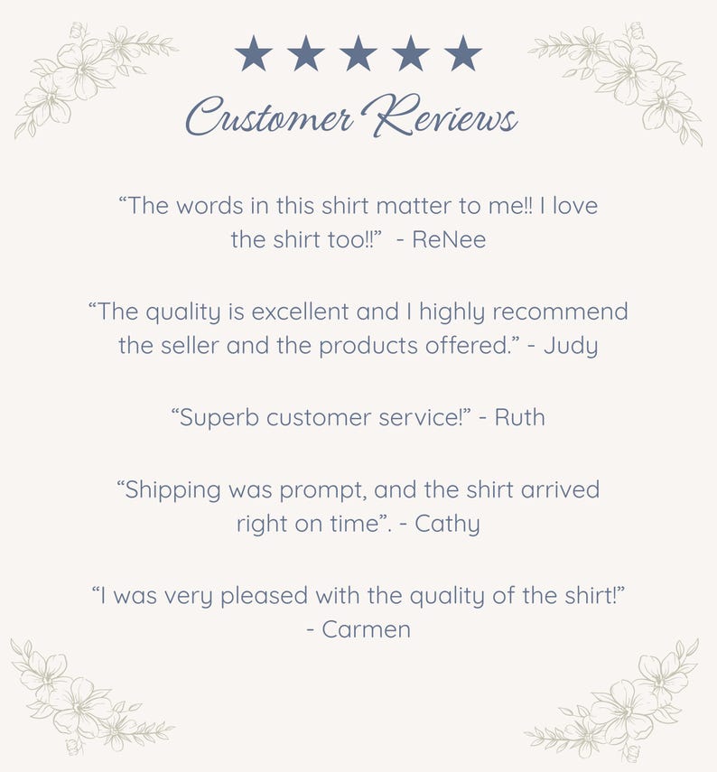 May include: A cream-colored graphic with the text "Customer Reviews" and five blue stars. Below, customer testimonials praise the quality and service. Floral accents frame the text.