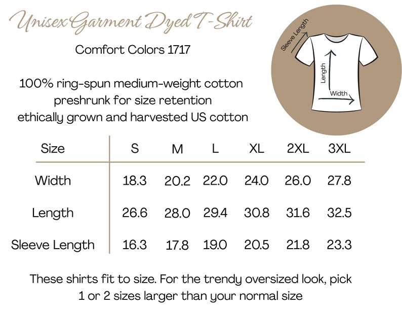 May include: A chart detailing the measurements of a Unisex Garment Dyed T-Shirt. The chart includes sizes S to 3XL, with width, length, and sleeve length measurements in inches. The text also mentions the shirt is made of 100% ring-spun cotton.