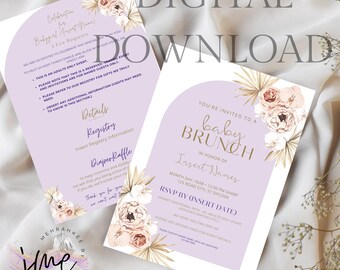 Editable Boho Baby Shower Invitation: Purple Floral, Baby Brunch (Digital Download, 5x7 in Template)