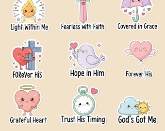 Paquete de 25 pegatinas PNG de Jesús, pegatinas cristianas y motivacionales, pegatinas de fe, versículos bíblicos PNG, citas de fe