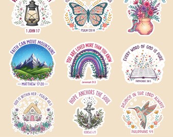 May include: A bundle of 24 Christian Bible verse stickers. Each sticker features a unique design with floral accents and inspirational quotes. Designs include a lantern, butterfly, vase of flowers, mountain scene, rainbow, open book, house, anchor, and hummingbird.