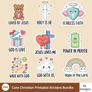 Puede incluir: Una colección de pegatinas cristianas con diseños adorables. Incluyen un oso de peluche con un corazón, una cruz con un halo, un escudo con alas, una caja de regalo, un corazón abrazando una cruz, una batería con manos rezando, un camino, una nube y un arcoíris. Texto: "Fe intrépida".