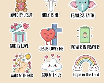 Paquete de 25 pegatinas Kawaii de Jesús en formato PNG, citas cristianas inspiradoras, pegatinas de fe, pegatinas bonitas, diseño PNG transparente de 300 DPI.
