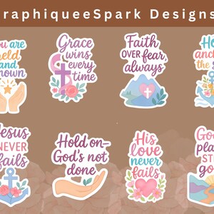 May include: A collection of colorful stickers with inspirational quotes and graphics. Designs include phrases like "You are held and known," "Grace wins every time," and "Faith over fear, always." Each sticker features unique illustrations.