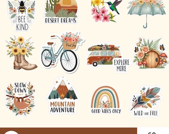 Pegatinas florales bohemias: 60 diseños PNG + 10 regalos extra