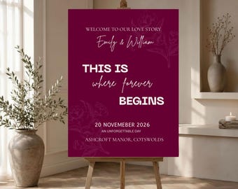 Deep Burgundy Wedding Welcome Sign Template | Floral Welcome Poster | Canva Template, Cross welcome sign, Burgundy plum wedding sign