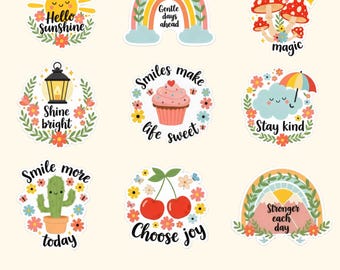 Pegatinas florales imprimibles, Afirmaciones positivas, Pegatinas inspiradoras, Pegatinas para imprimir y cortar, Pegatinas para embalaje
