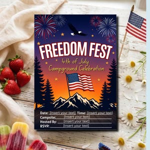Bewerkbare sjabloon voor 4 juli Camping uitnodiging, Freedom Fest Campground Celebration, patriottische RV Campout, 5 x 7 Canva Instant Download