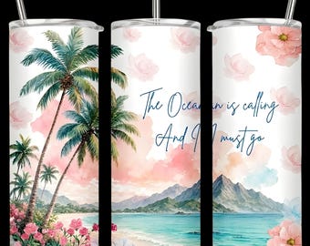 Diseño PNG para envoltorio de vaso playero, 20 oz y 40 oz, diseño de sublimación, envoltorio de vaso con palmeras y océano en acuarela, sublimación de verano, descarga digital instantánea.