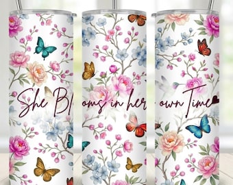 Diseño PNG de envoltura floral con mariposa para vaso, 20 oz y 40 oz, diseño de sublimación, envoltura floral estilo chinoiserie, vaso con colibrí, descarga digital instantánea.