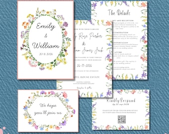 Wildflower Wedding Invitation Suite Bundle | Colorful Floral Invite RSVP Details | Canva Template, Wedding invite kit, Wedding details rsvp