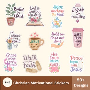 Pode incluir: Uma coleção de adesivos motivacionais cristãos com vários designs. Os adesivos apresentam citações inspiradoras, símbolos religiosos e elementos florais. Os adesivos incluem frases como "Enraizado em Cristo" e "A paz começa com Jesus".