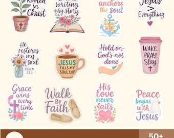 Paquete de pegatinas digitales cristianas PNG, pegatinas cristianas y motivacionales, pegatinas de fe, versículos bíblicos PNG, citas de fe de 300 dpi