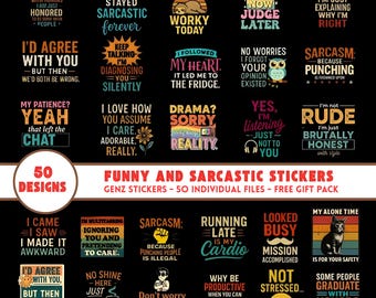 Paquete de imágenes PNG de memes sarcásticos / Diseños de pegatinas divertidas para la Generación Z / Frases estéticas y caóticas / Descarga digital de humor viral