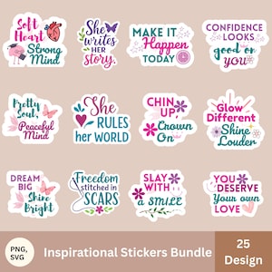 Pegatinas con frases motivacionales, afirmaciones positivas, pegatinas bonitas para portátil, citas modernas PNG, paquete SVG inspirador, amor propio, pegatinas feministas