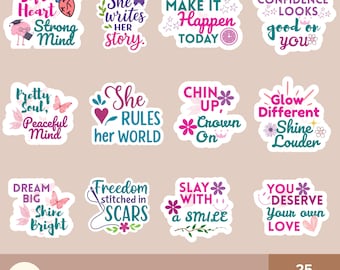 Pegatinas con frases motivacionales, afirmaciones positivas, pegatinas bonitas para portátil, citas modernas PNG, paquete SVG inspirador, amor propio, pegatinas feministas