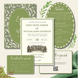 May include: A wedding invitation suite in sage green and cream featuring a rectangular main card with a manor illustration, an oval details card, a rectangular RSVP card with a QR code, and a decorative card with a swirling damask pattern.