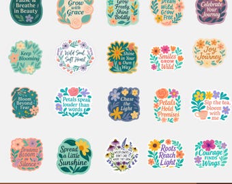 Pegatinas florales imprimibles (Png), pegatinas inspiradoras (Png), afirmaciones positivas (Png), pegatinas para planificador (Png), paquete de pegatinas motivacionales