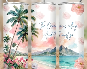 Diseño PNG para envoltorio de vaso playero, 20 oz y 40 oz, diseño de sublimación, envoltorio de vaso con palmeras y océano en acuarela, sublimación de verano, descarga digital instantánea.