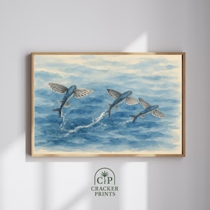 Flying Fish Wall Art, Watercolor Fish Art, Ocean Life Digital Print, Beach House Decor, Nature and Wildlife Printable Wall Art