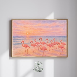 Flamingo Printable Wall Art, Beach Watercolor Art, Tropical Scene Wall Art, Pink Flamingos on the Beach Watercolor Digital Print.