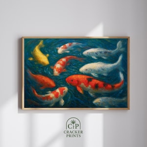 Koi Fish in Pond Wall Art, Zen Koi Pond Oil Painting Download, Nature and Wildlife Decor, Peaceful Japanese Fish Digital Print, Koi Wall Art
