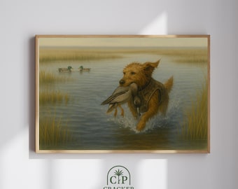 Quadro murale raffigurante un Golden Retriever che caccia, dipinto a olio raffigurante una caccia alle anatre (download digitale)