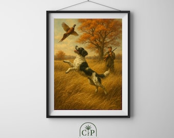 Vintage Pheasant Hunting Dog Oil Painting, Rustic Cabin Wall Art (Digital Print)